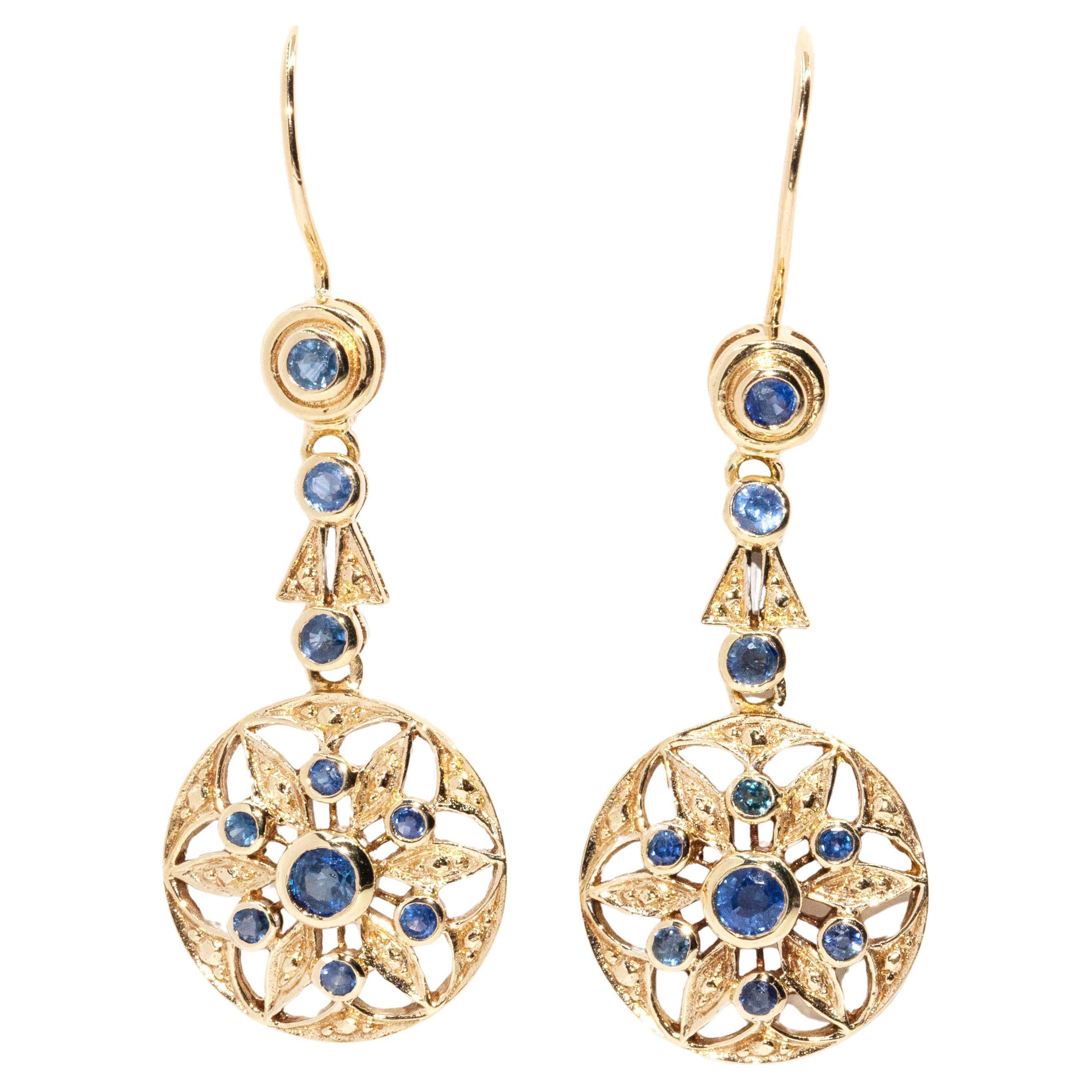 Vintage Inspired Steel Blue Sapphire Drop Style Earrings 9 Carat Yellow Gold For Sale