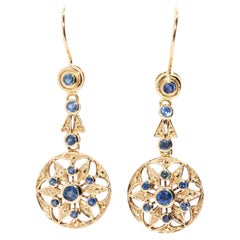 Boucles d'oreilles pendantes d'inspiration vintage en acier, saphir bleu et or jaune 9 carats