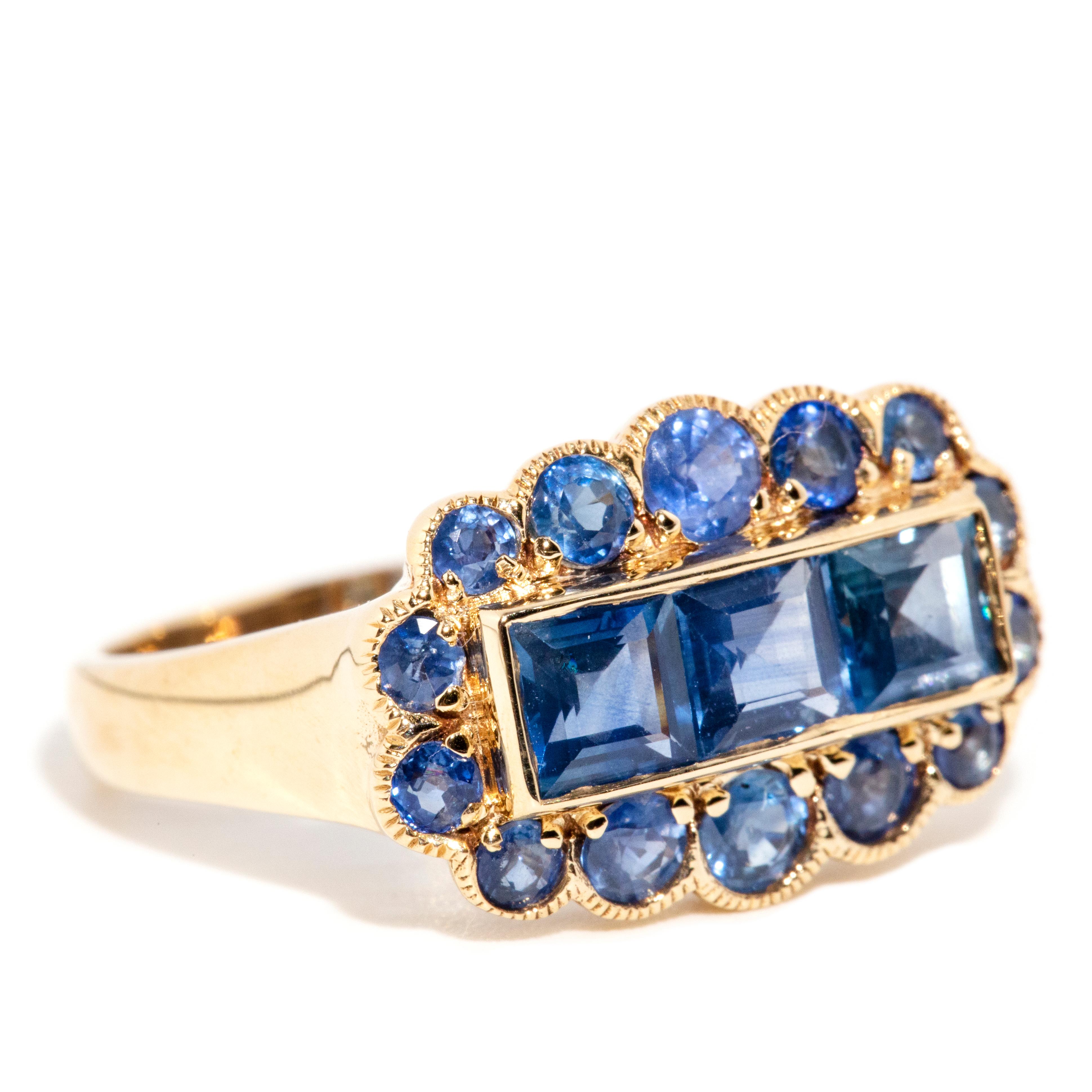 Contemporary Vintage Inspired Steel Blue Sapphire Milgrain Cluster Ring 9 Carat Yellow Gold For Sale