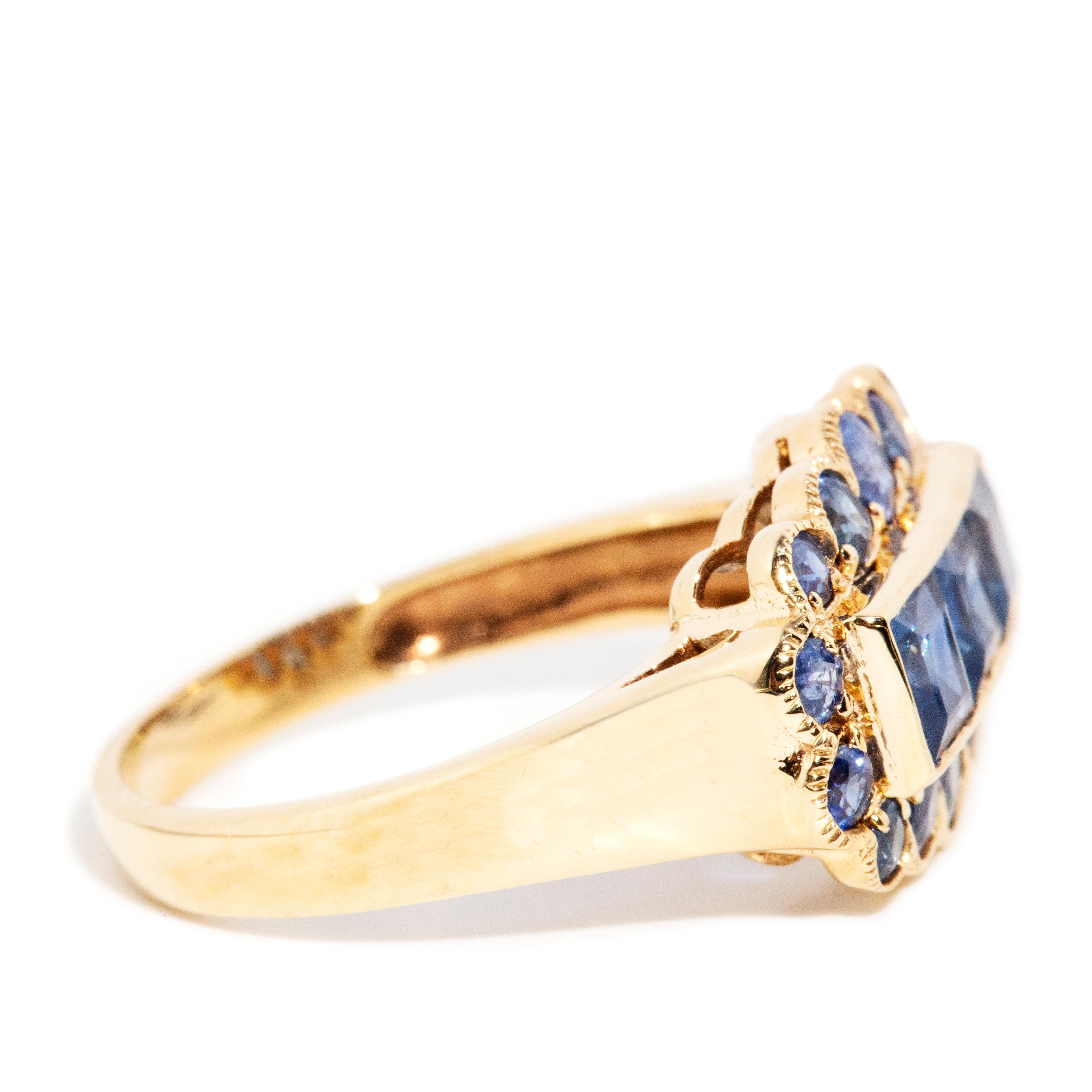 Princess Cut Vintage Inspired Steel Blue Sapphire Milgrain Cluster Ring 9 Carat Yellow Gold For Sale