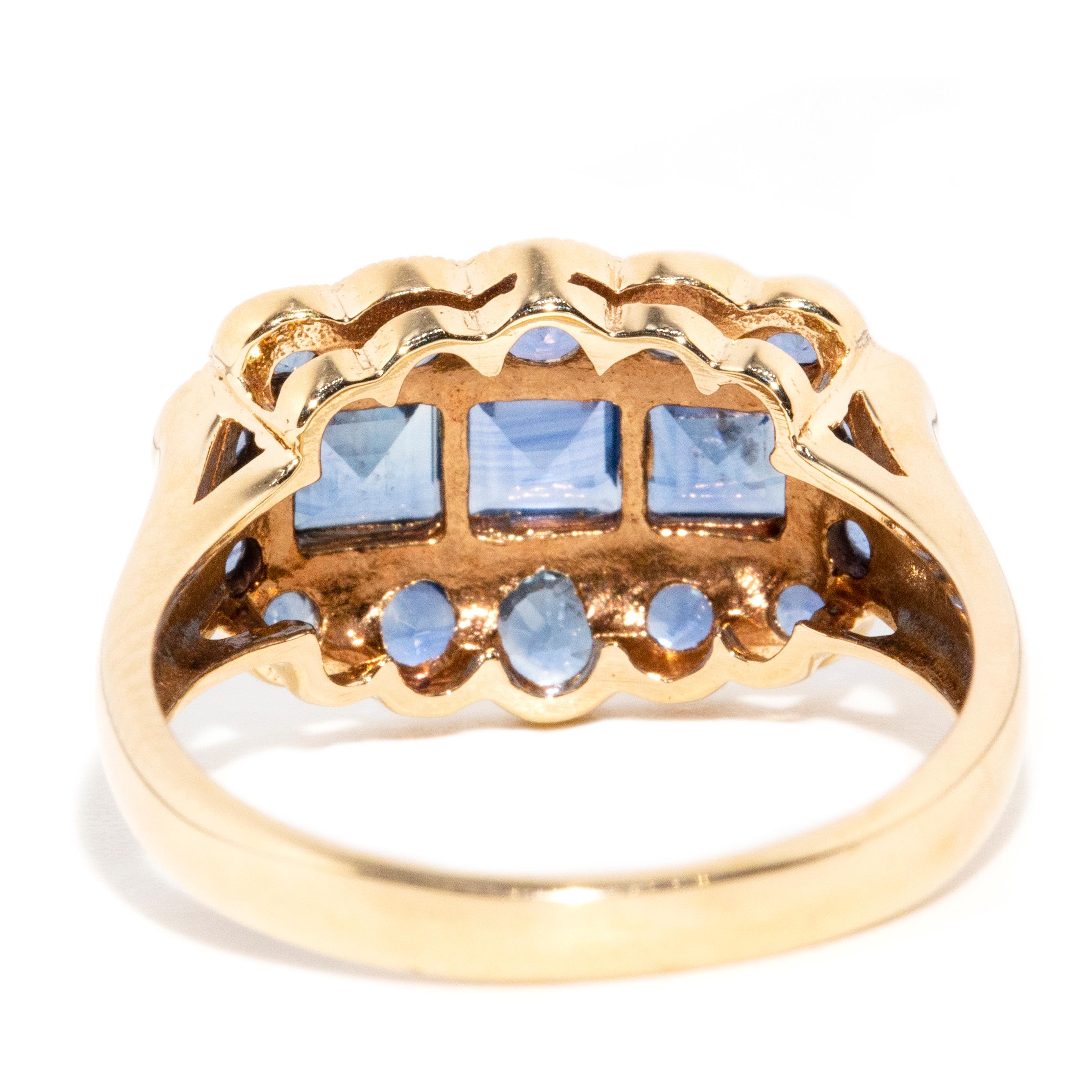 Vintage Inspired Steel Blue Sapphire Milgrain Cluster Ring 9 Carat Yellow Gold In New Condition For Sale In Hamilton, AU