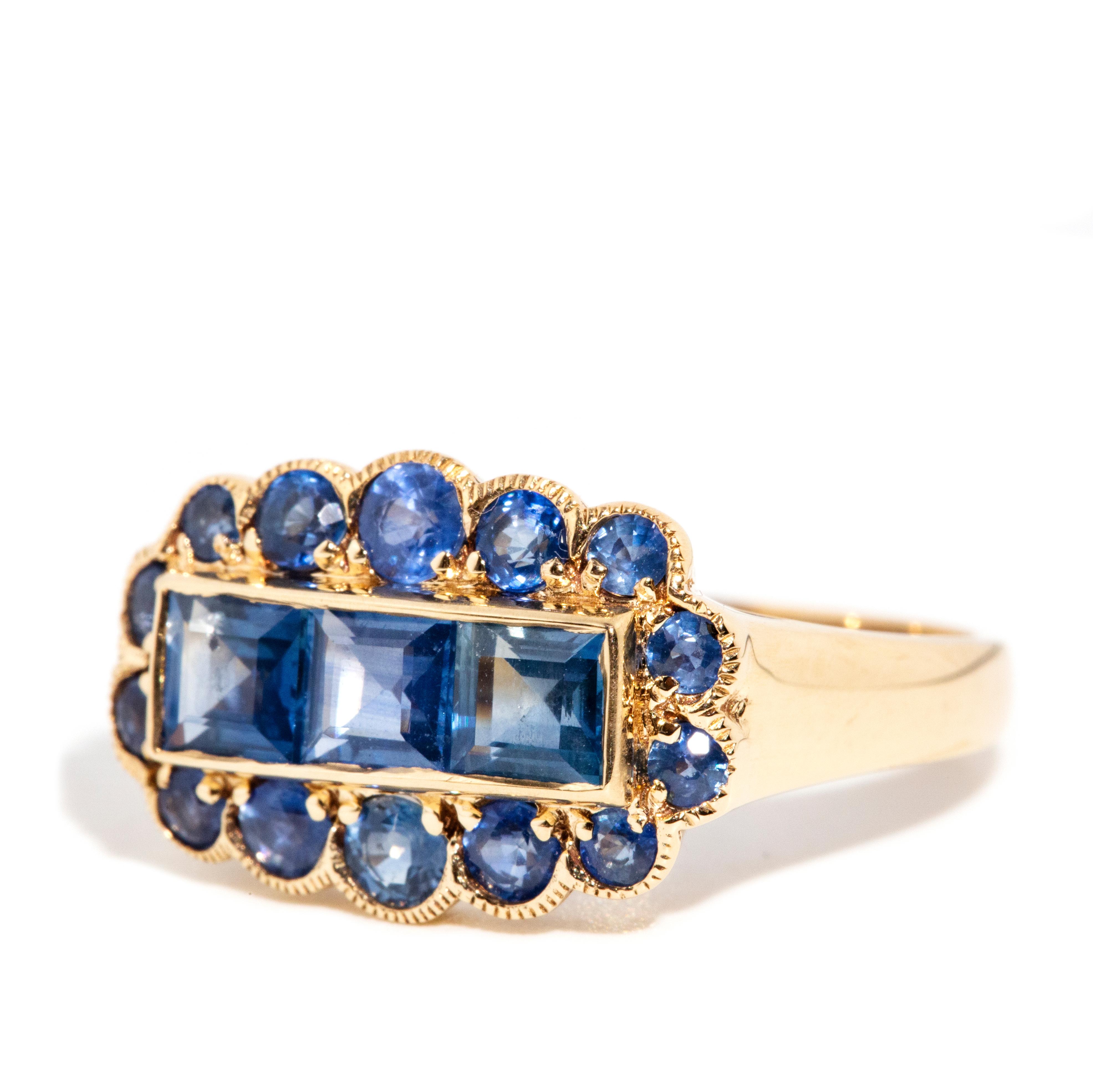 Women's Vintage Inspired Steel Blue Sapphire Milgrain Cluster Ring 9 Carat Yellow Gold For Sale