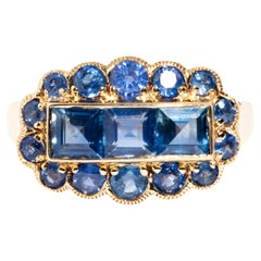 Vintage Inspired Steel Blue Sapphire Milgrain Cluster Ring 9 Carat Yellow Gold