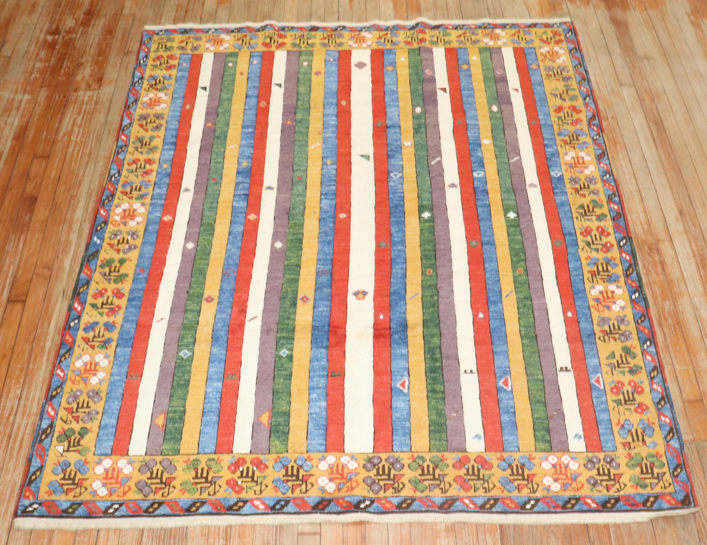 Bohemian Zabihi Collection Vintage Inspired Striped Turkish Konya Square Rug For Sale