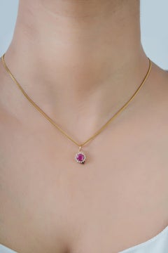 Vintage-Inspired Sunburst Ruby & Diamond Halo Pendant in 14K Solid Yellow Gold