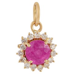 Vintage-Inspired Sunburst Ruby & Diamond Halo Pendant in 14K Solid Yellow Gold