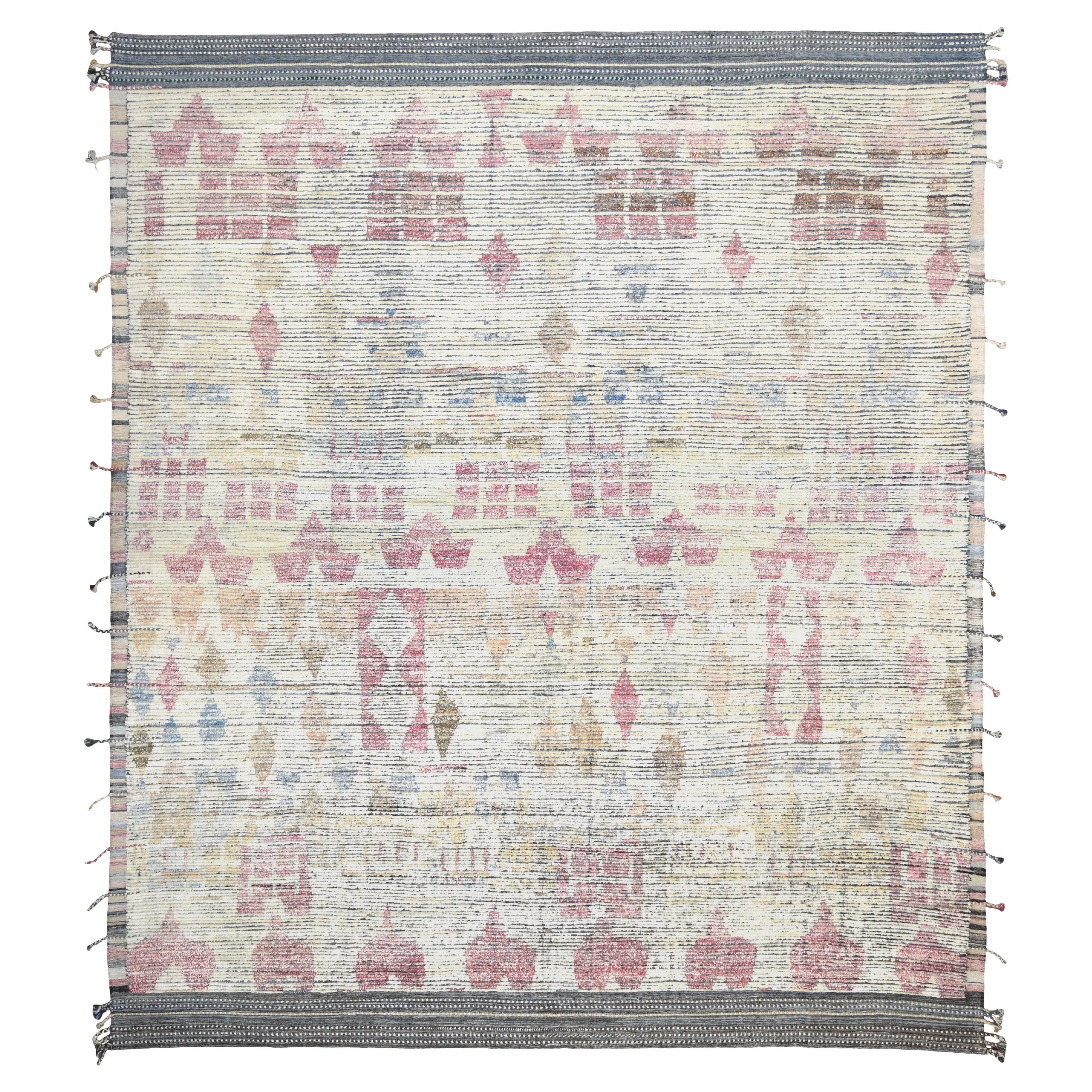 Tapis d'inspiration vintage à motif tribal beige rose bleu 12'7''x14'4''