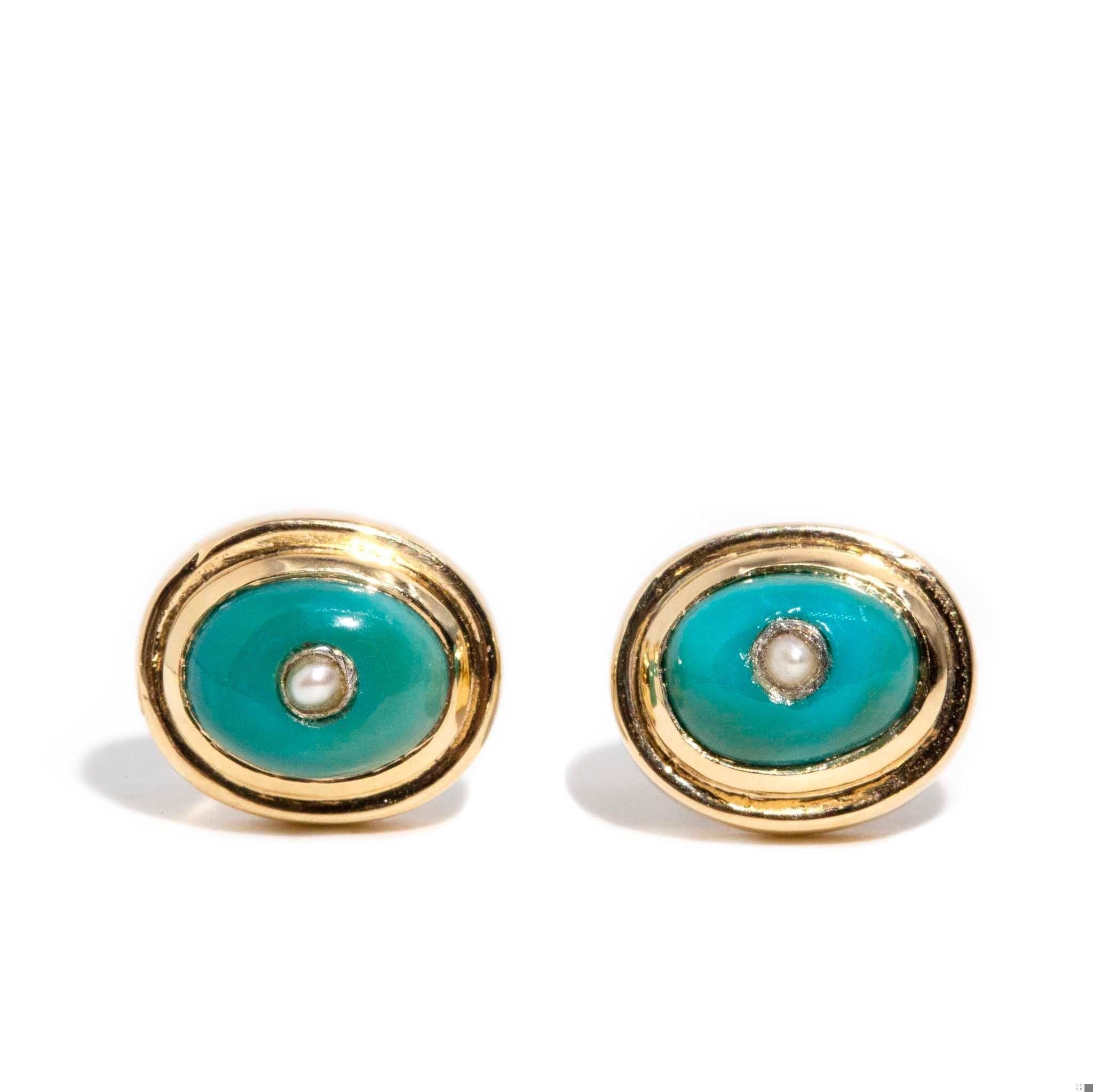 Modern Vintage Inspired Turquoise & Seed Pearl Earrings 9 Carat Yellow Gold For Sale