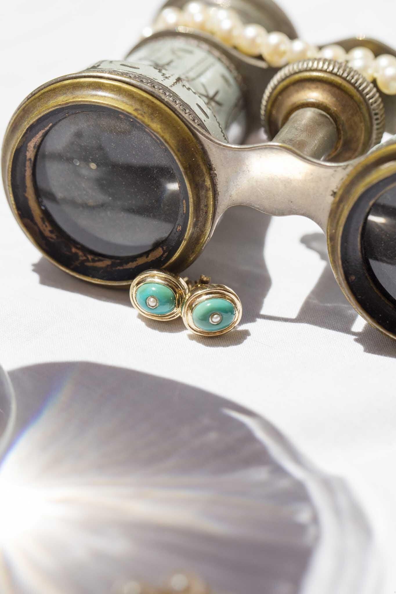 Cabochon Vintage Inspired Turquoise & Seed Pearl Earrings 9 Carat Yellow Gold For Sale