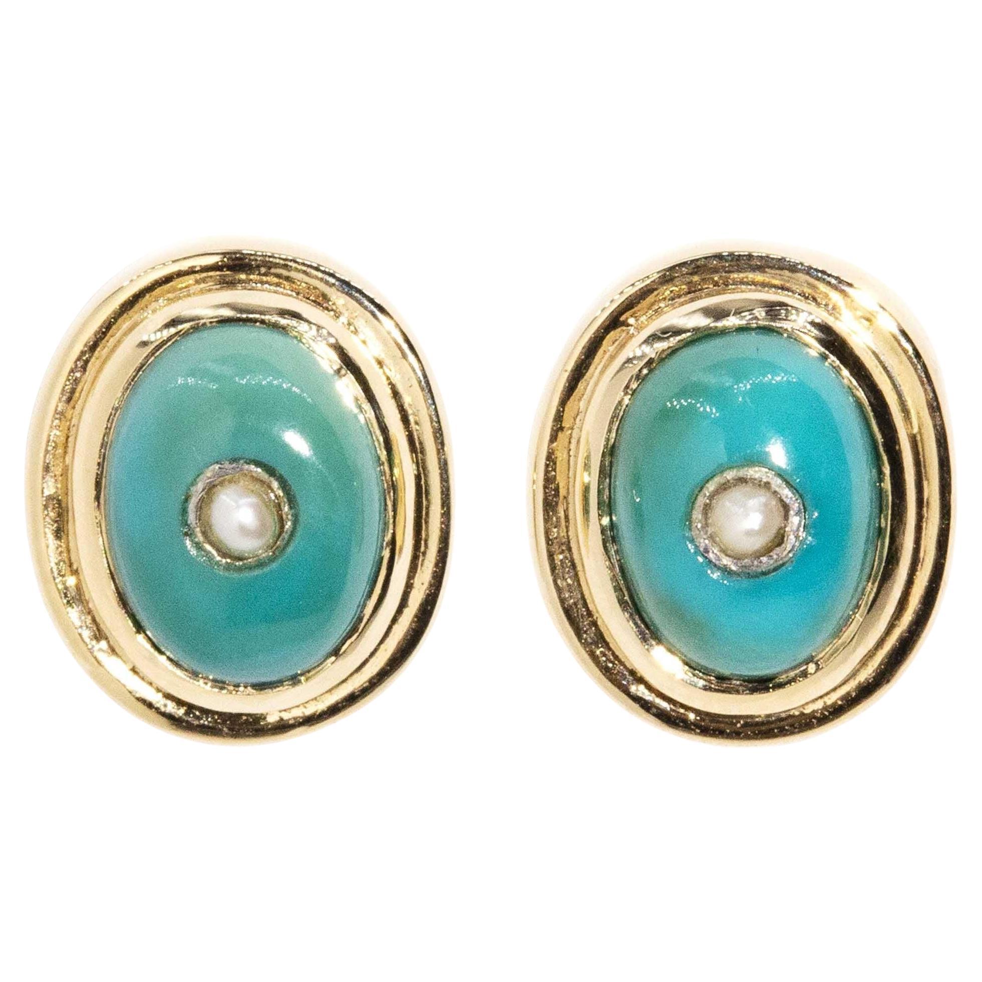 Vintage Inspired Turquoise & Seed Pearl Earrings 9 Carat Yellow Gold For Sale