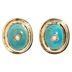Antique Inspired Turquoise & Seed Pearl Earrings 9 Carat Yellow Gold
