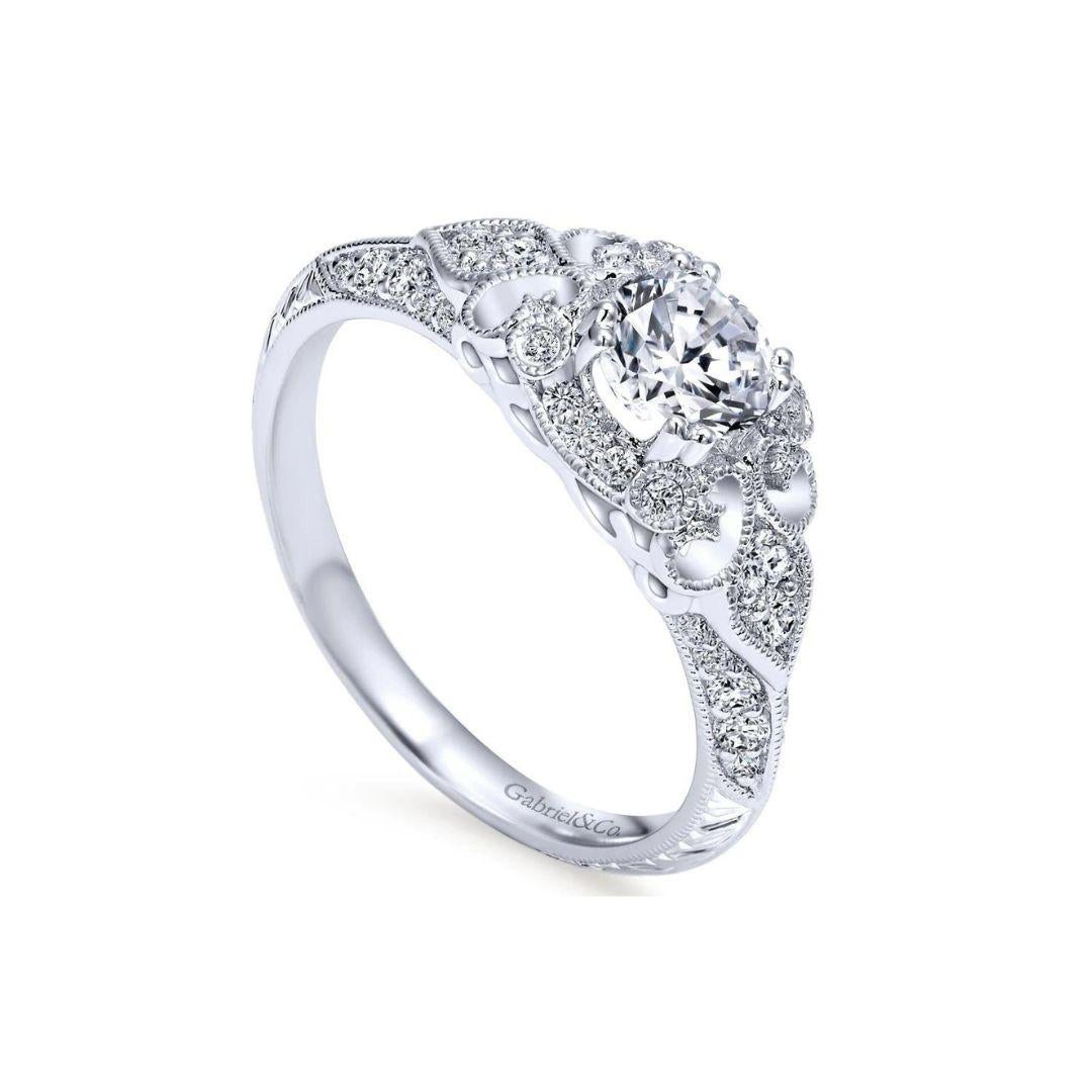 Round Cut   Vintage Inspired White Gold Diamond Engagement Ring For Sale