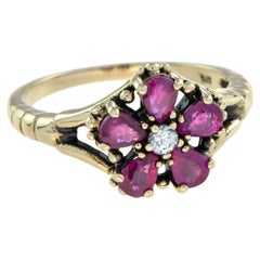 Vintage Inspired White Sapphire & Ruby Vintage Style Floral Cluster Gold Ring