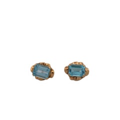 Vintage Inspired Yellow Gold 18ct Blue Topaz Emerald Cut Earrings
