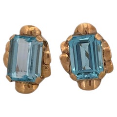 Vintage Inspired Yellow Gold 18ct Blue Topaz Emerald Cut Earrings