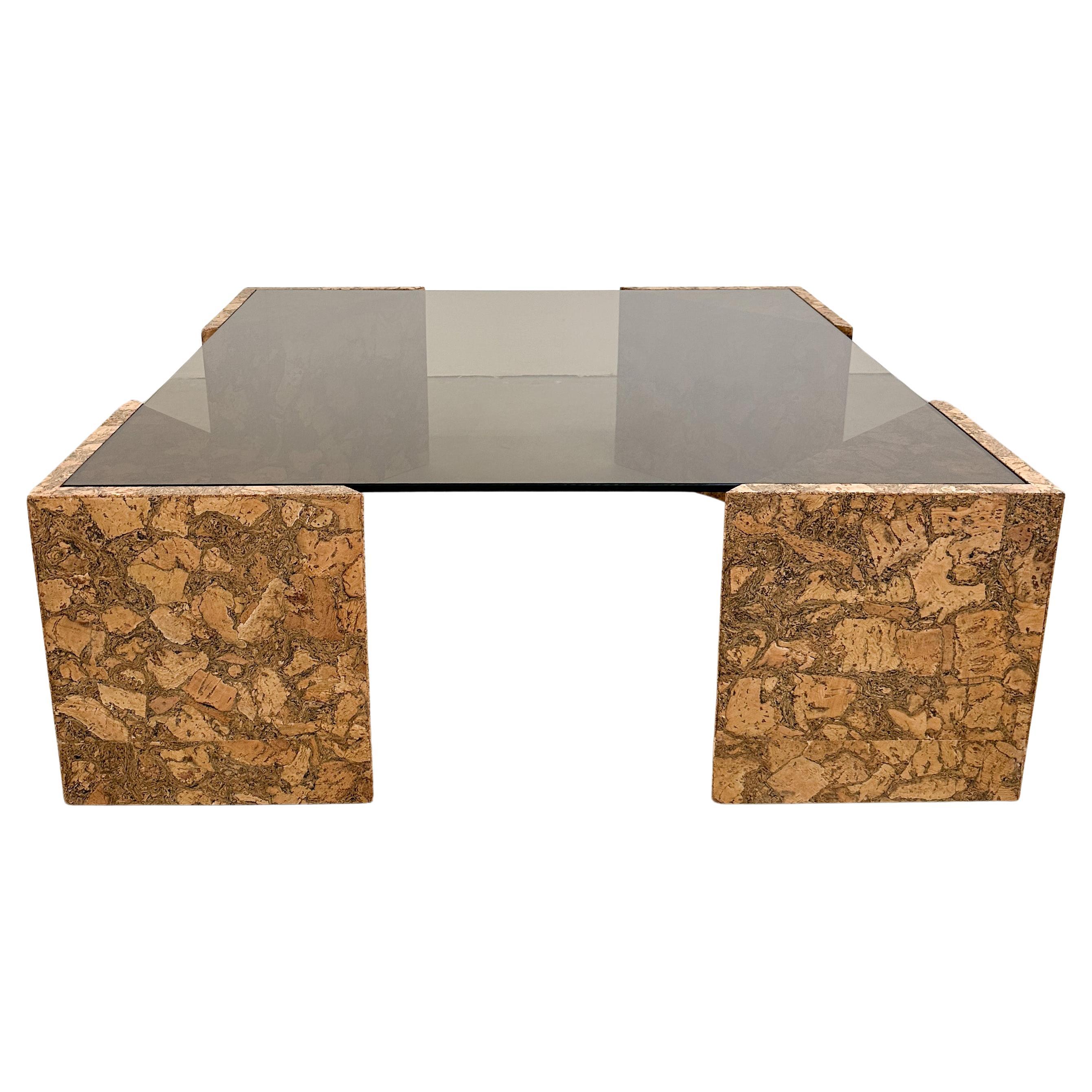 Vintage Inspirired Custom Cork And Bronze Glass Square Coffee Table Burlwood MCM For Sale