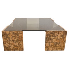 Vintage Inspiré Table basse carrée en liège et verre bronze sur mesure Burlwood MCM
