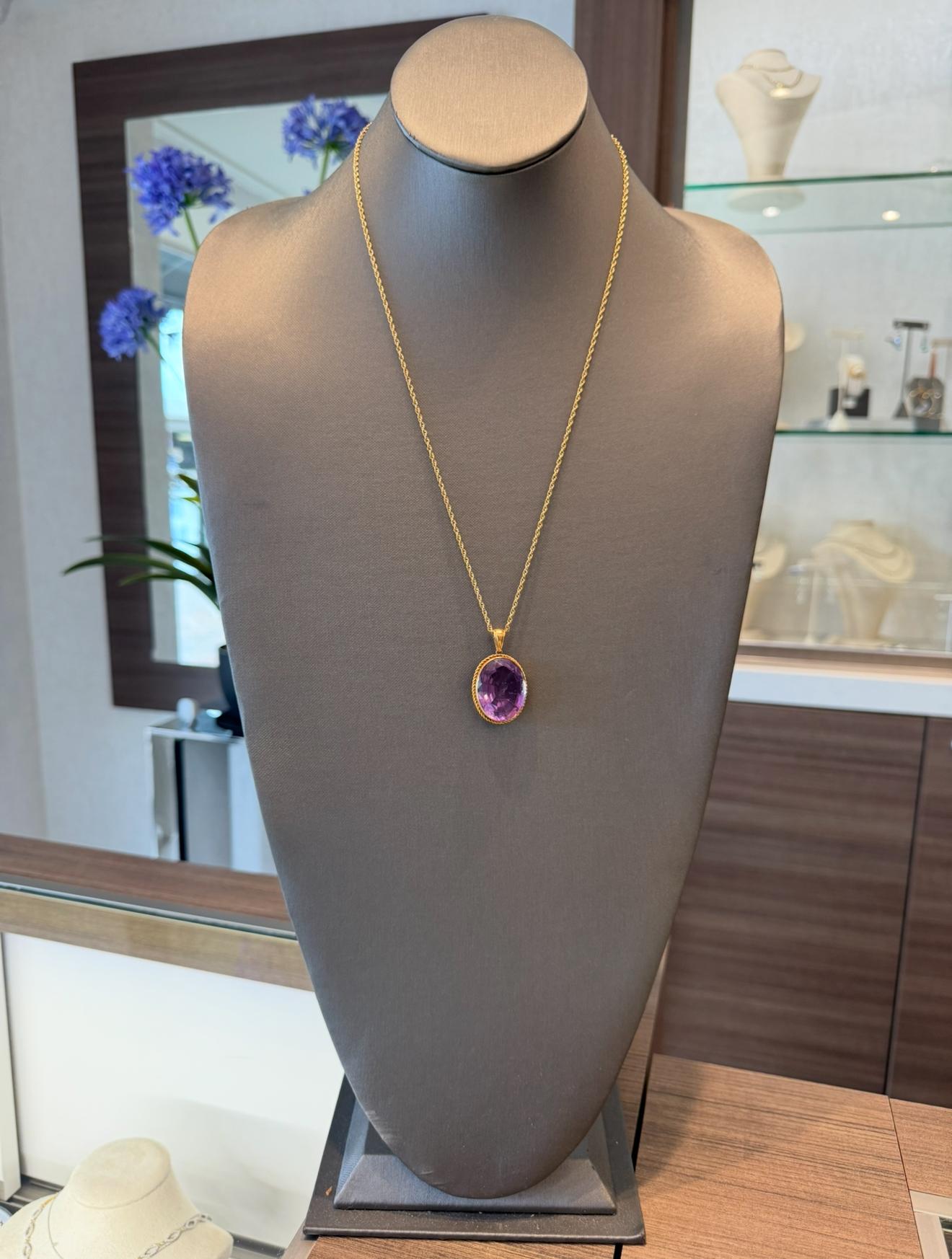 Oval Cut Vintage Intaglio Owl Amethyst Pendant Necklace 14K Yellow Gold