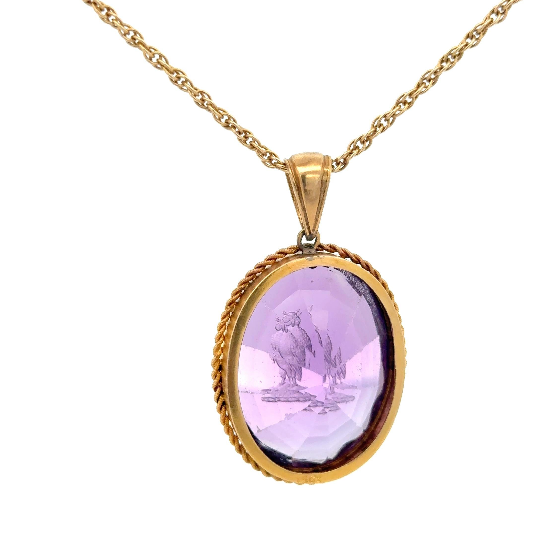 Vintage Intaglio Owl Amethyst Pendant Necklace 14K Yellow Gold 1