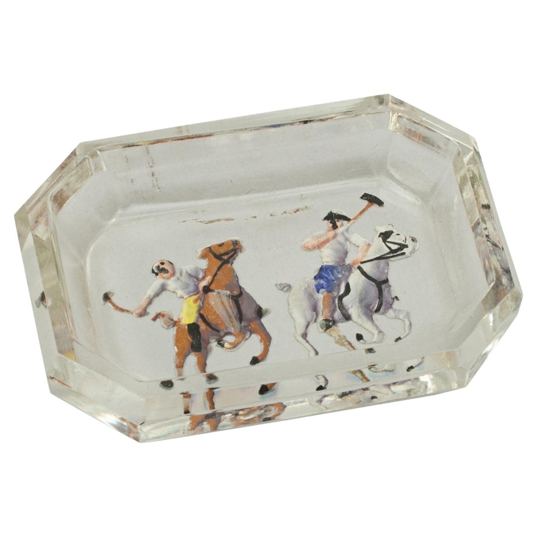 Vintage Intaglio Polo Glass Pin Tray For Sale