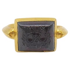 Vintage Intaglio Ring 22k Gold Signet Ring Glass
