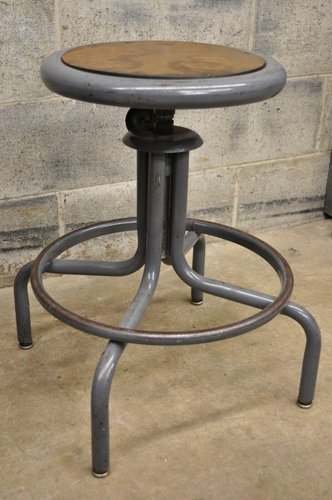 Vintage Inter Royal Corp Gray Metal Adjustable Swivel Work Stool Seat 3