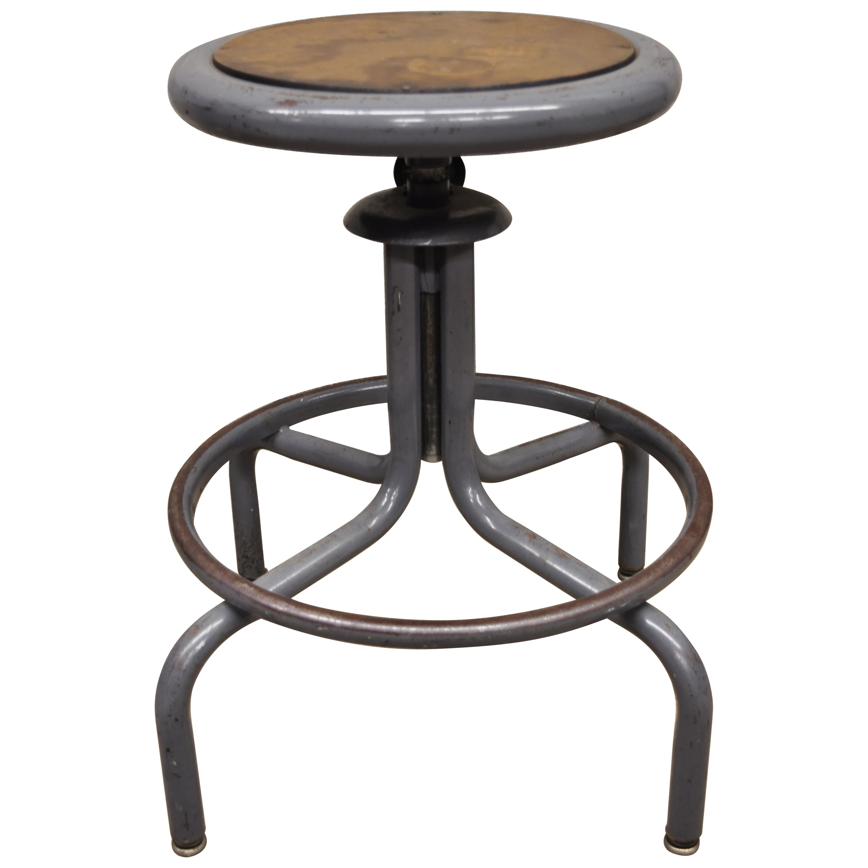 Vintage Inter Royal Corp Gray Metal Adjustable Swivel Work Stool Seat
