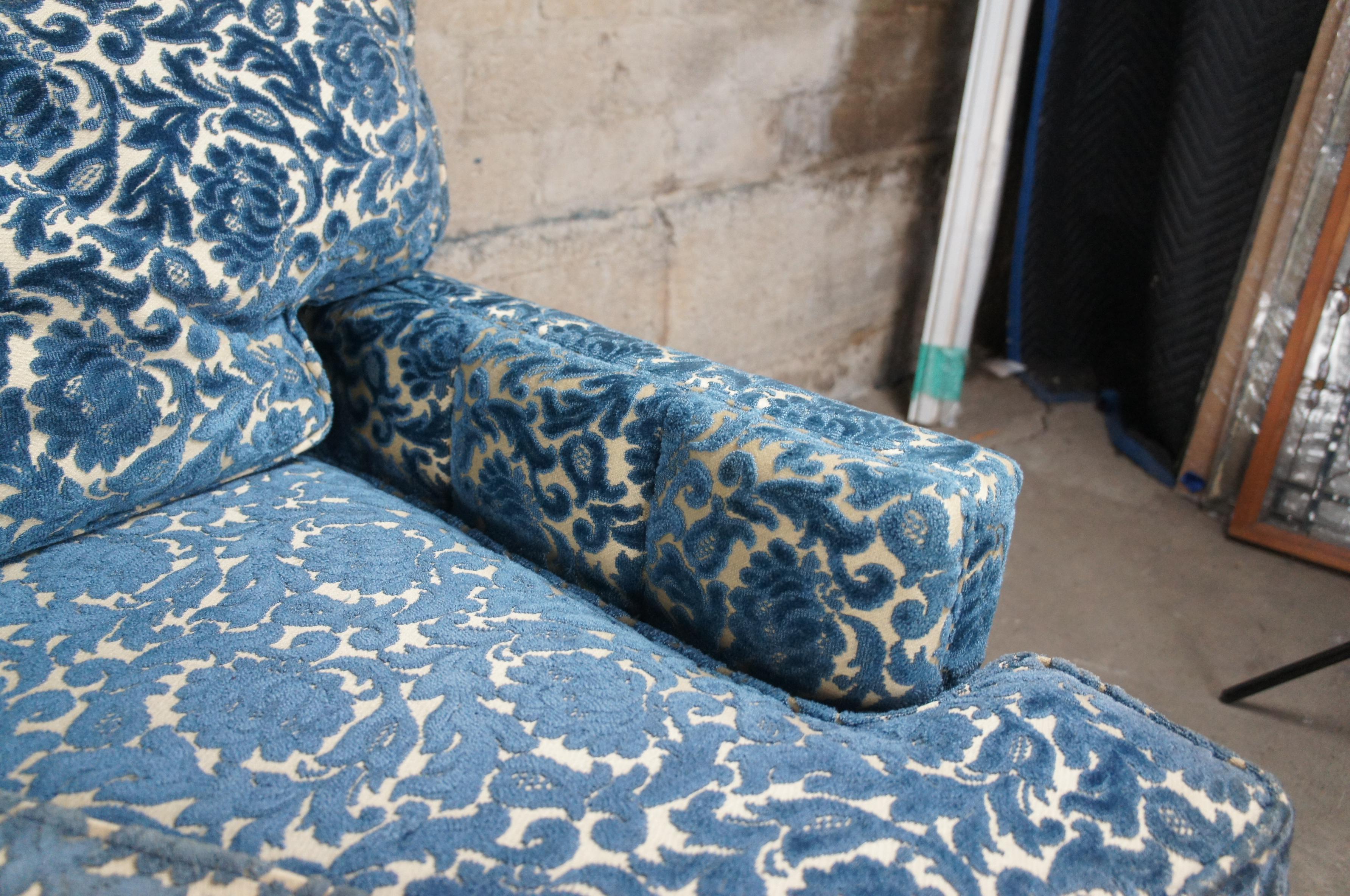Mid Century French Provincial Down Filled Blue Velvet Floral Day Sofa