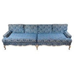Mid Century French Provincial Down Filled Blue Velvet Floral Day Sofa Couch 98"