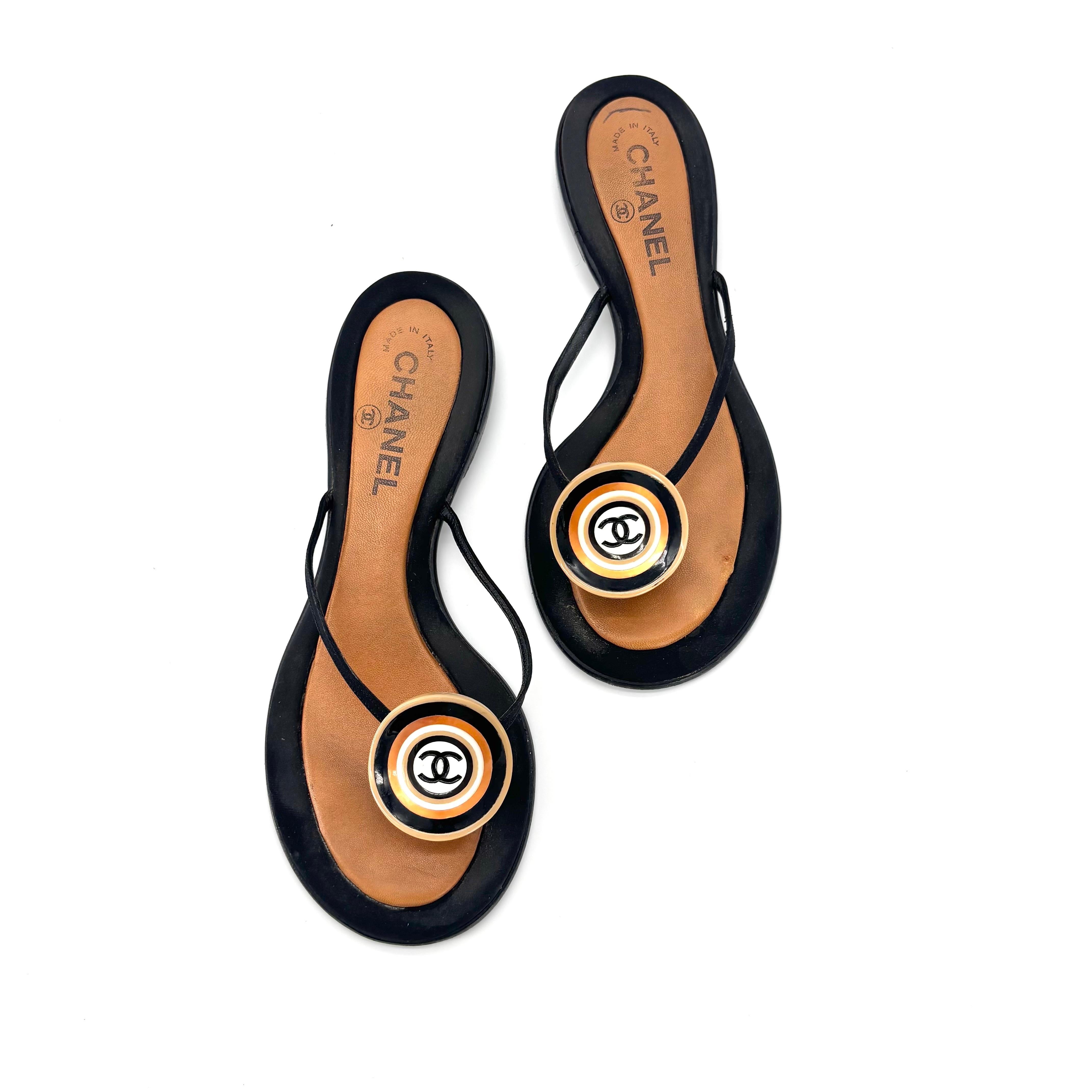 Black Vintage Interlocking CC Logo Satin Thong Slip On Flat Sandals 37