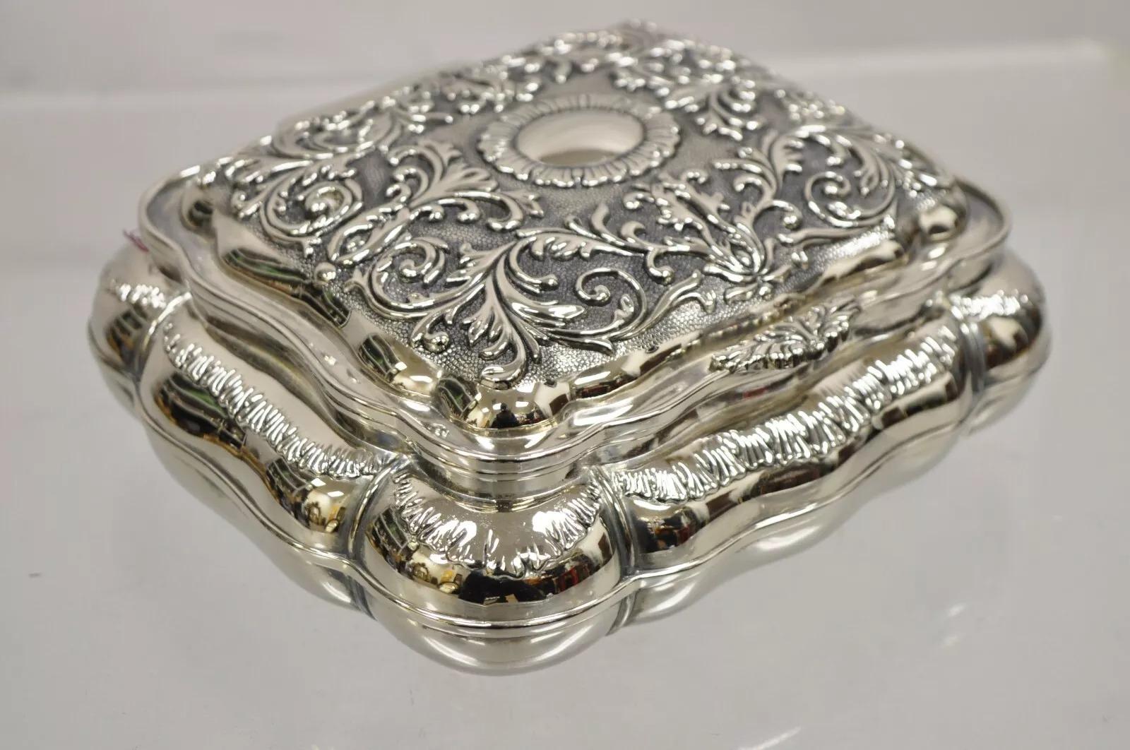 Caja de joyería vintage chapada en plata de International Silver Company con forro de terciopelo Eduardiano