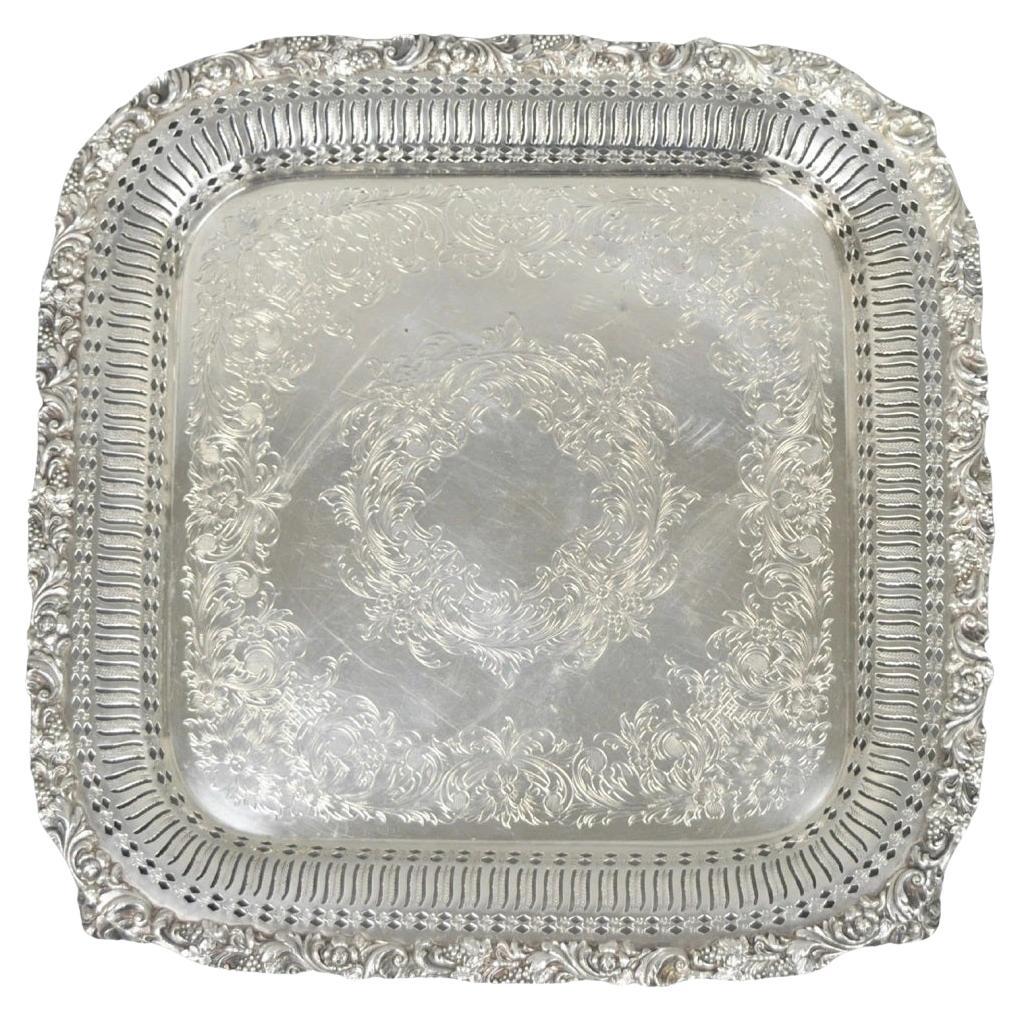 Vintage International Silver Victorian Repousse Pierced Gallery Square Bar Tray