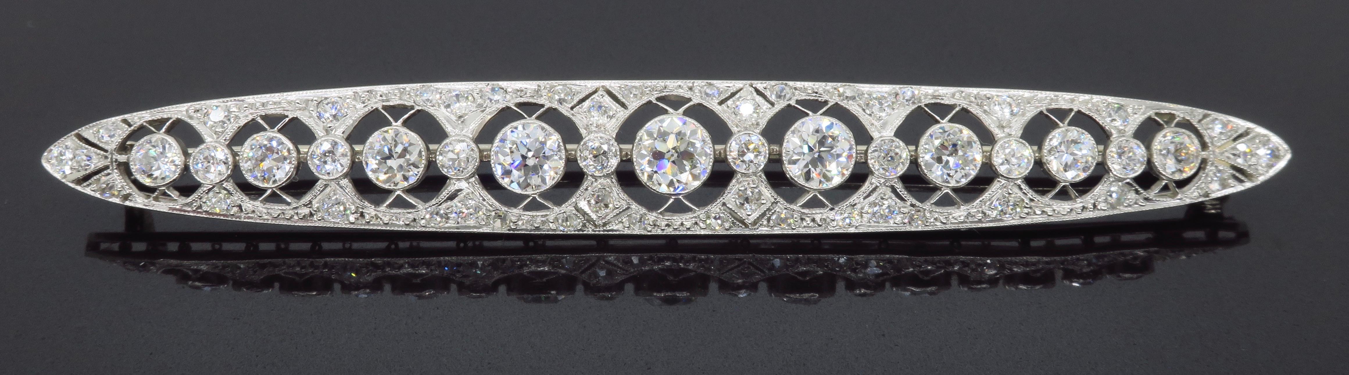 Stunning vintage diamond brooch perfectly crafted in Platinum with 4.85ctw of Old European cut diamonds. 

Diamond Carat Weight: Approximately 4.85CTW
Diamond Cut: Old European Cut Diamonds
Color: Average E-H
Clarity: Average VS
Metal: Platinum