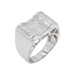Vintage Invisible setting 14k White Gold Natural Diamonds Men's Ring: Square