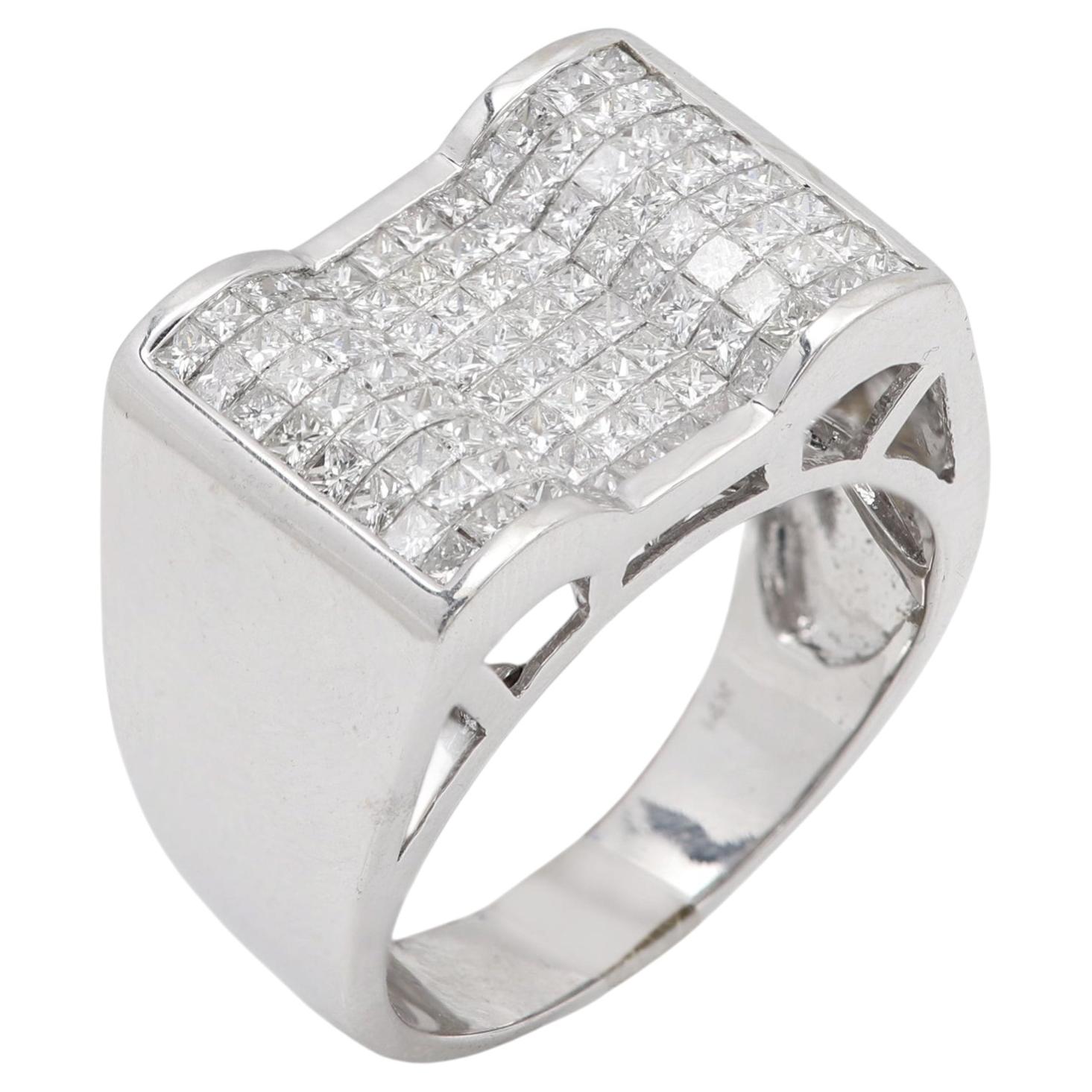 Vintage Invisible setting 14k White Gold Natural Diamonds Men's Ring: Square