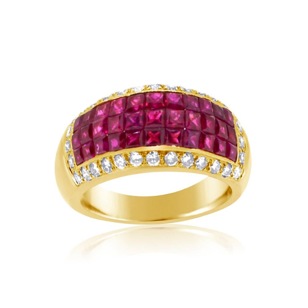 Magnificant Ruby invisable setting Ring with diamonds
Total Ruby 4.0 carat. AAA very good red color
Total diamonds 0.70 carat E-F-VVS
18K yellow gold  8.0 grams
Finger Size 6
All stones are natural - non treated !