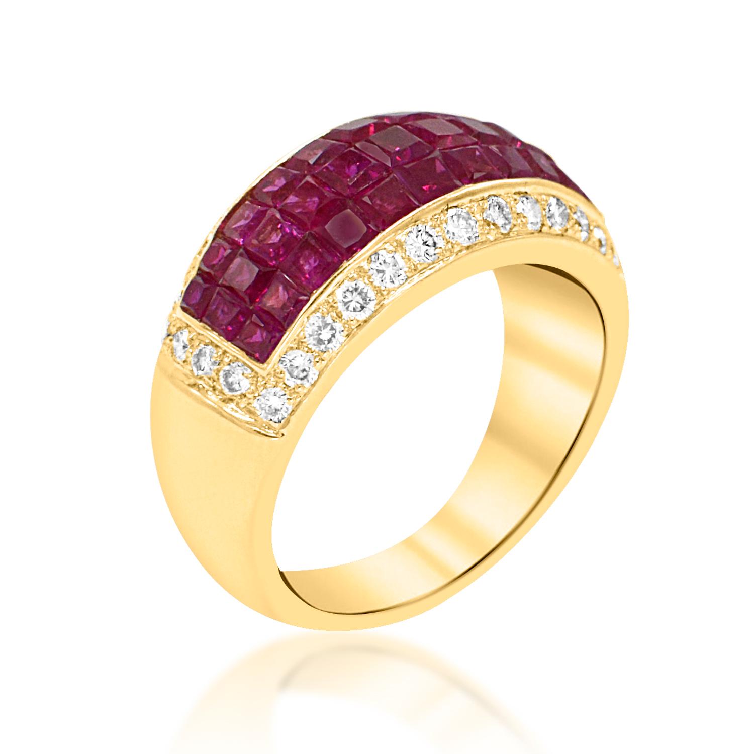 Women's Vintage Invisible Setting Ruby Ring & Diamonds 18 Karat Yellow Gold For Sale