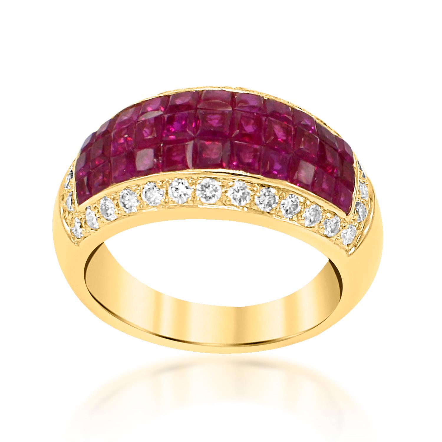Vintage Invisible Setting Ruby Ring & Diamonds 18 Karat Yellow Gold For Sale 1