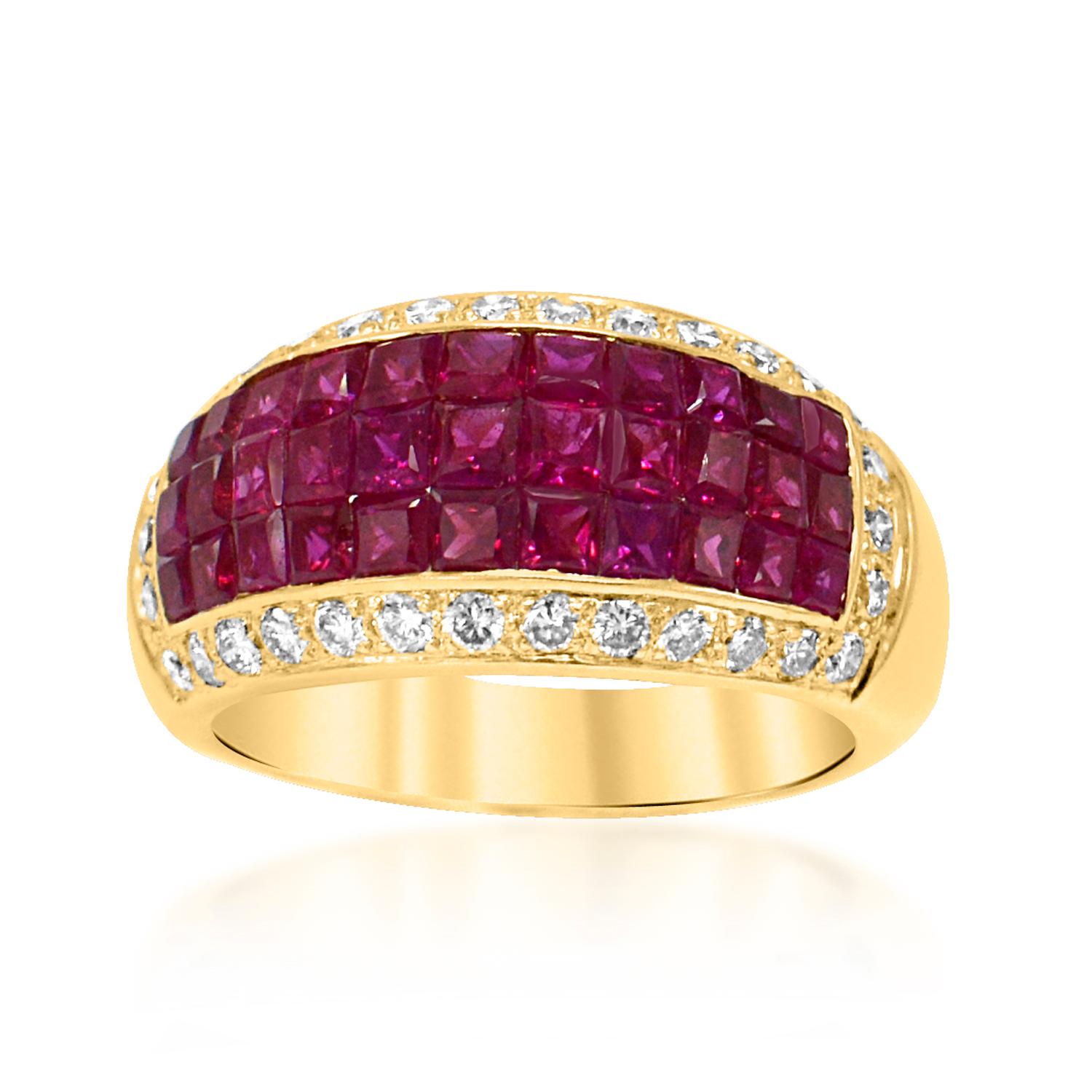 Vintage Invisible Setting Ruby Ring & Diamonds 18 Karat Yellow Gold For Sale 1