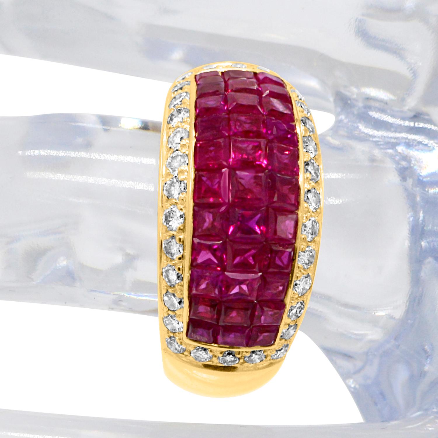 Vintage Invisible Setting Ruby Ring & Diamonds 18 Karat Yellow Gold For Sale 3