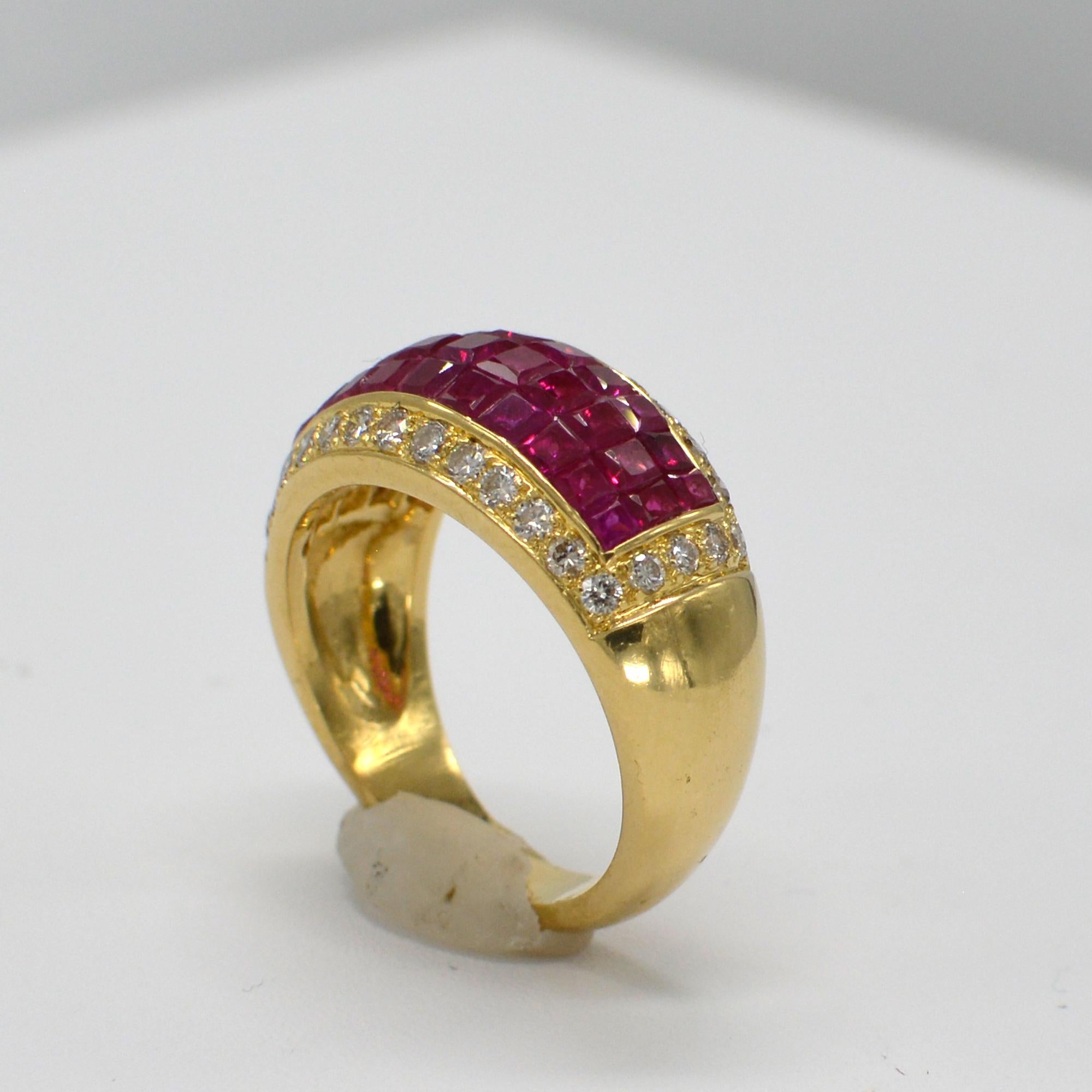 Square Cut Vintage Invisible Setting Ruby Ring & Diamonds 18 Karat Yellow Gold For Sale