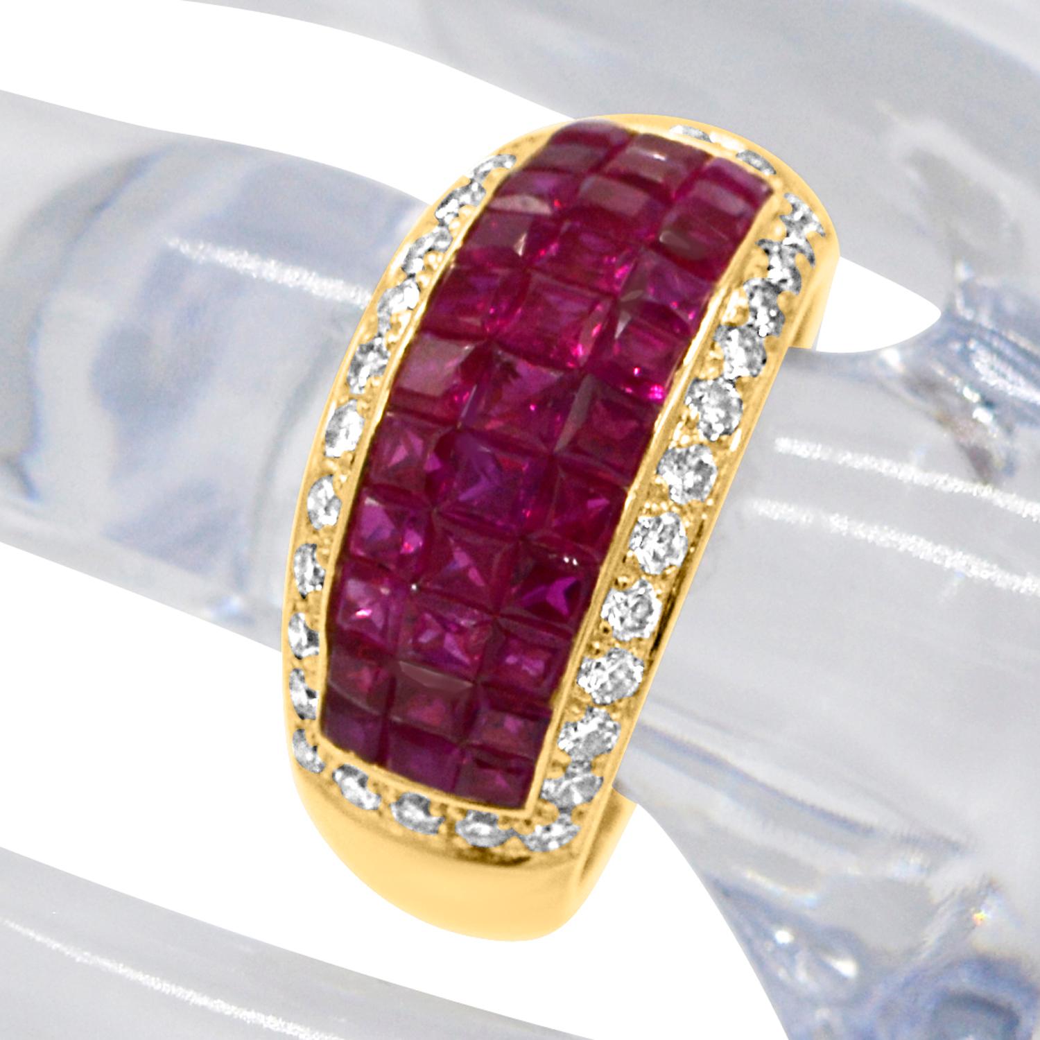 Vintage Invisible Setting Ruby Ring & Diamonds 18 Karat Yellow Gold For Sale 3