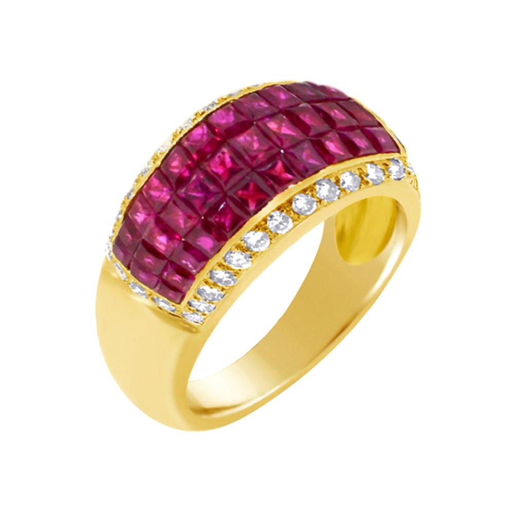 18 Karat Gelbgold-Ring mit unsichtbar gefasstem Rubin und Diamanten