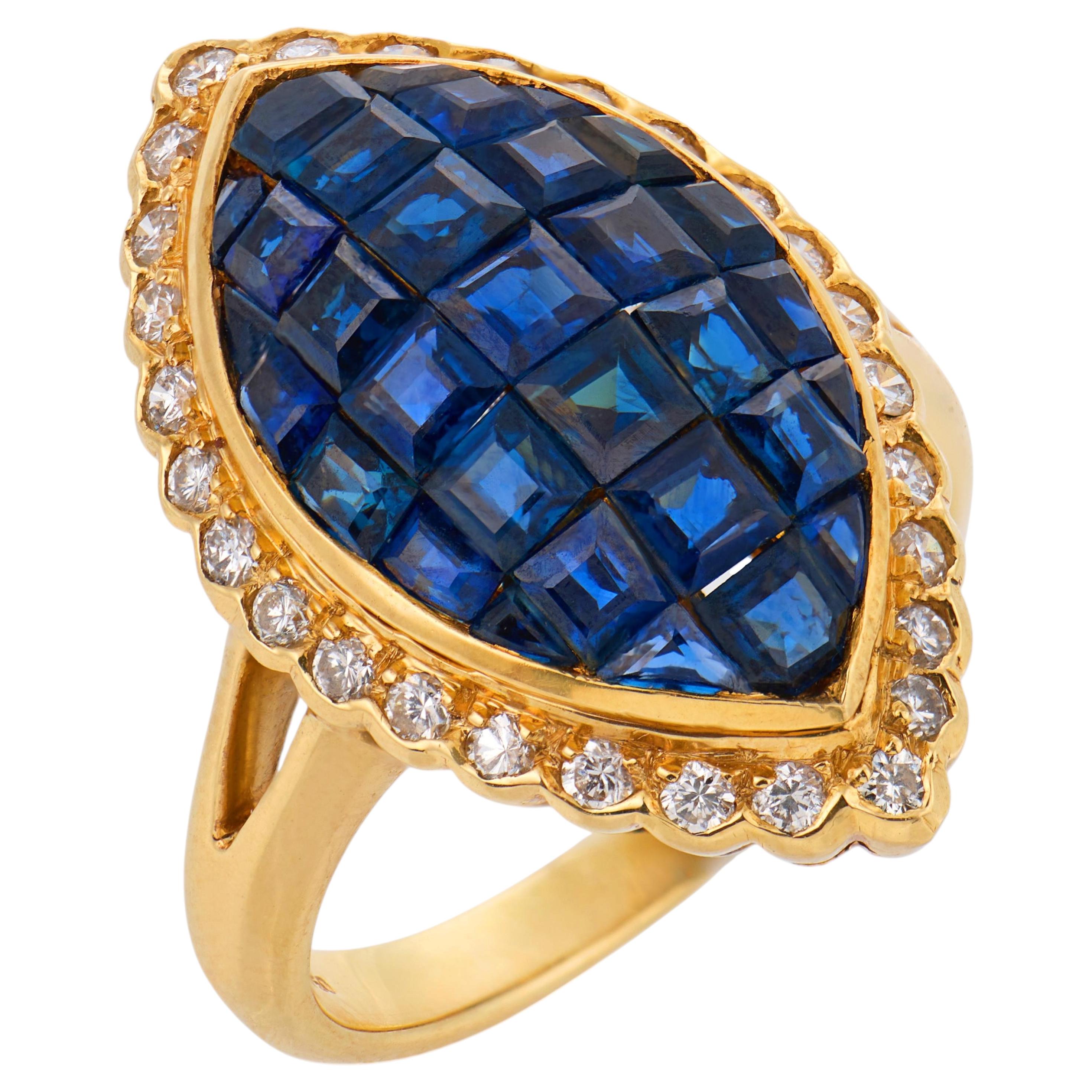 Vintage-Ring aus 18-karätigem Gelbgold in Navette-Form mit unsichtbar gefasstem Saphir und Diamanten