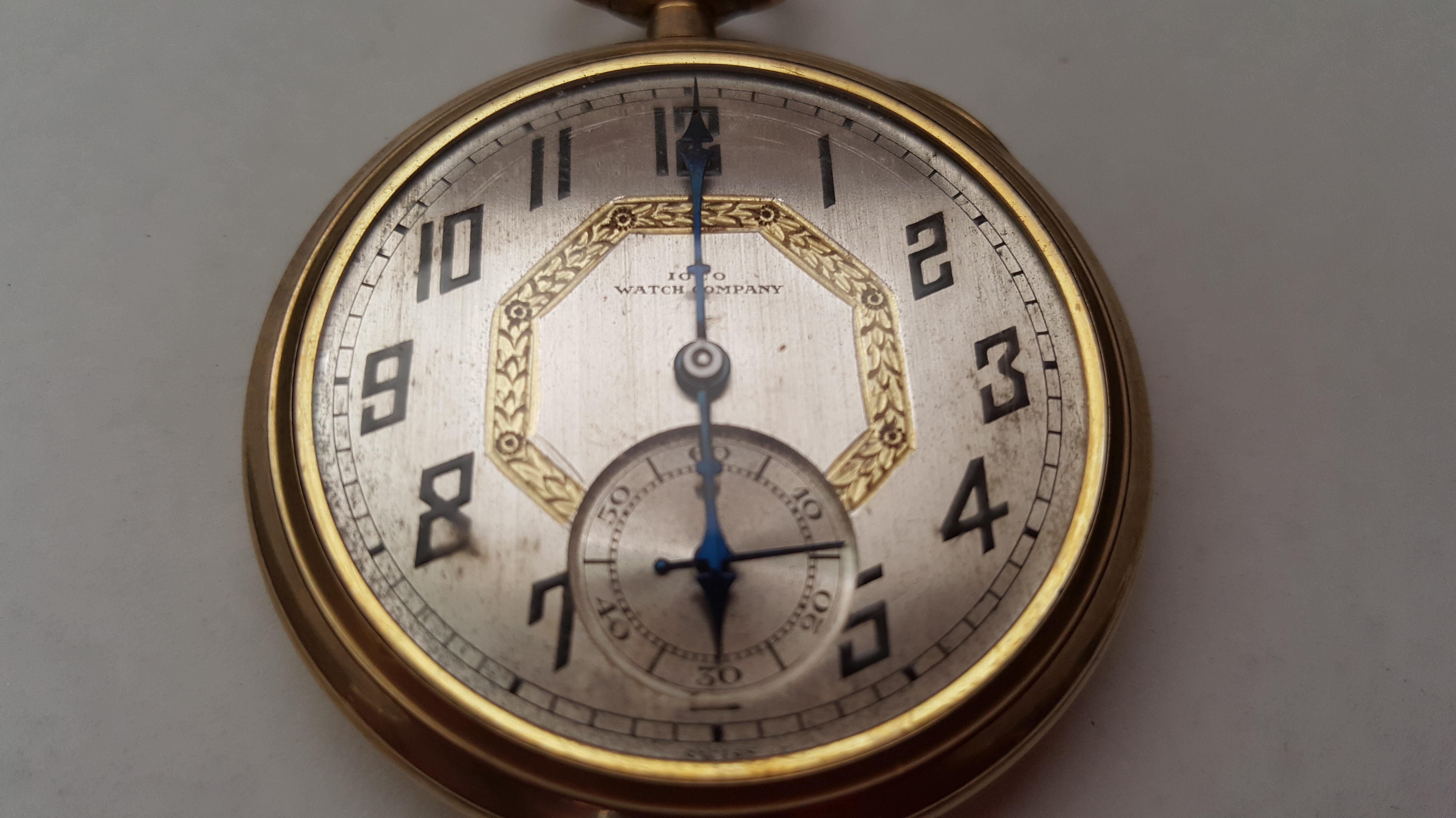 Vintage Ioco Watch Company Pocket Watch Gold-Plated, White Satin Finish Face 1