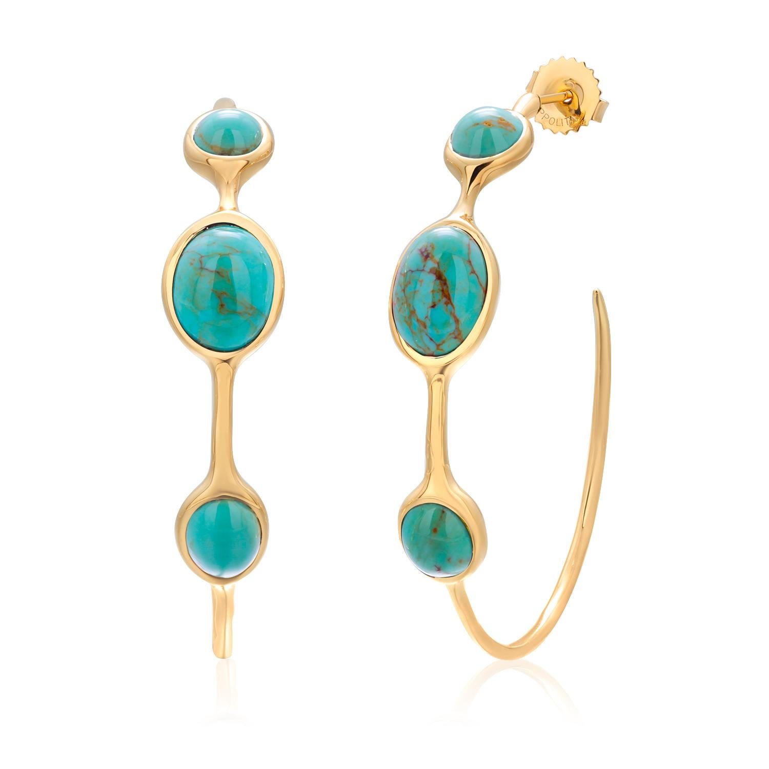 Vintage Ippolita Trending  18K Gold Hoop Earrings Cabochon Turquoise  1.25 Inch For Sale 8