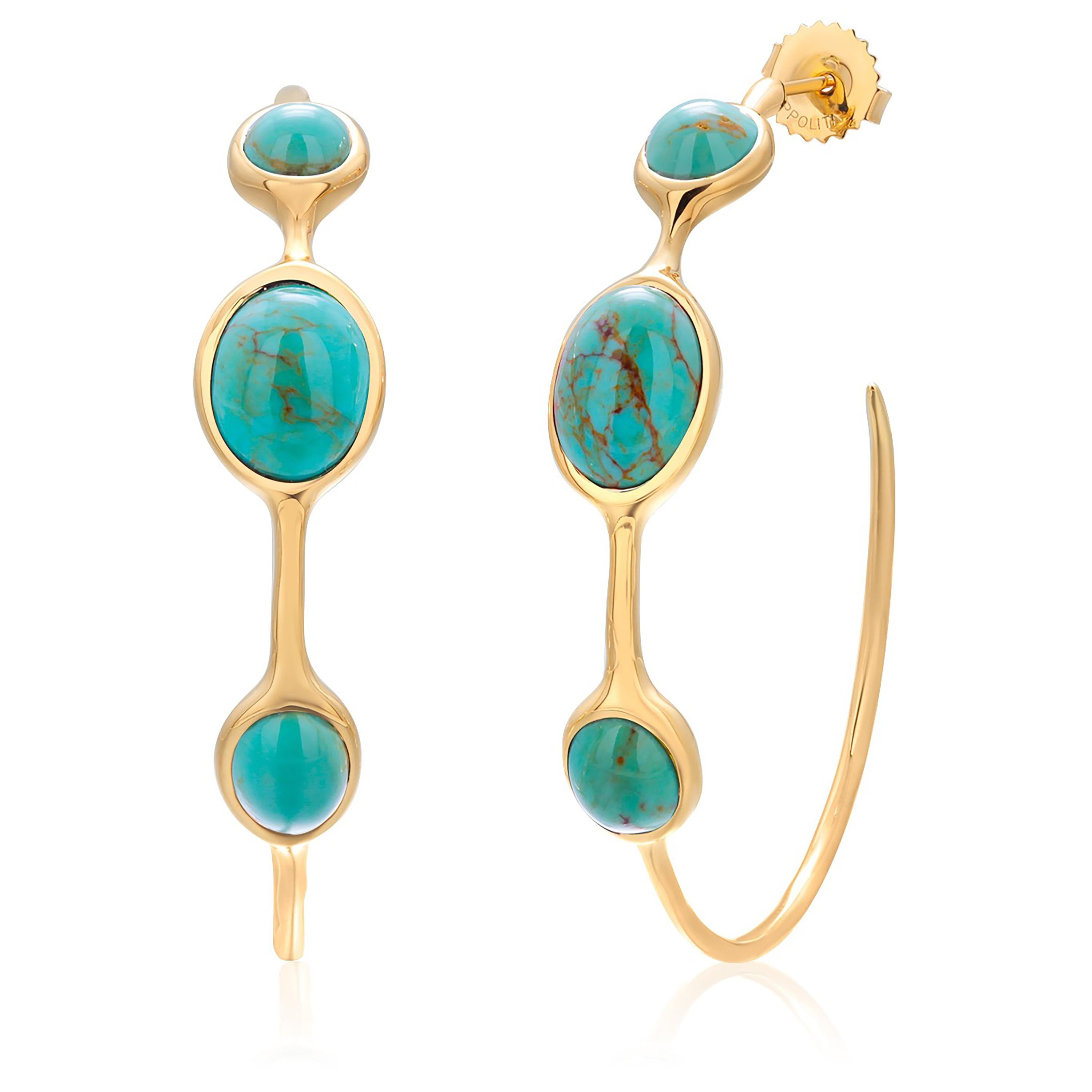 Vintage Ippolita Trending  18K Gold Hoop Earrings Cabochon Turquoise  1.25 Inch For Sale 5
