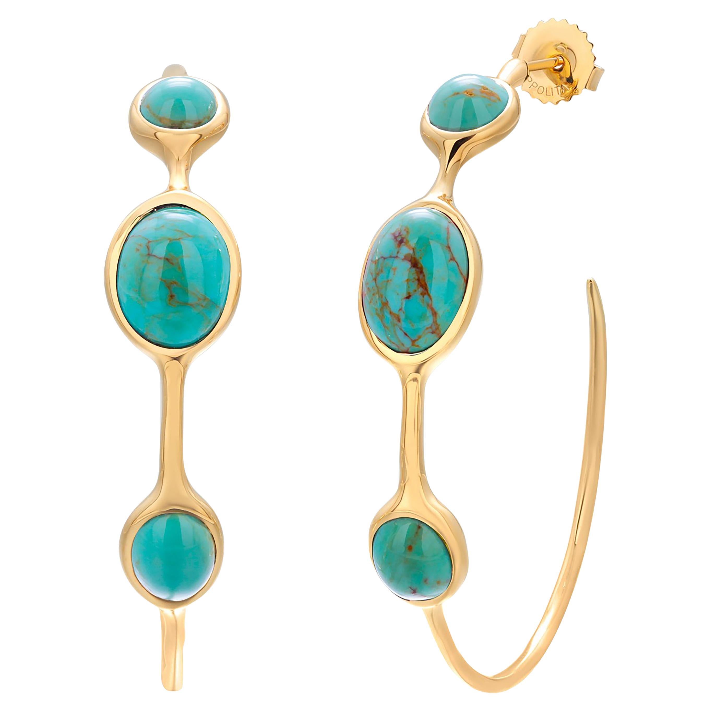 Vintage Ippolita Trending  18K Gold Hoop Earrings Cabochon Turquoise  1.25 Inch