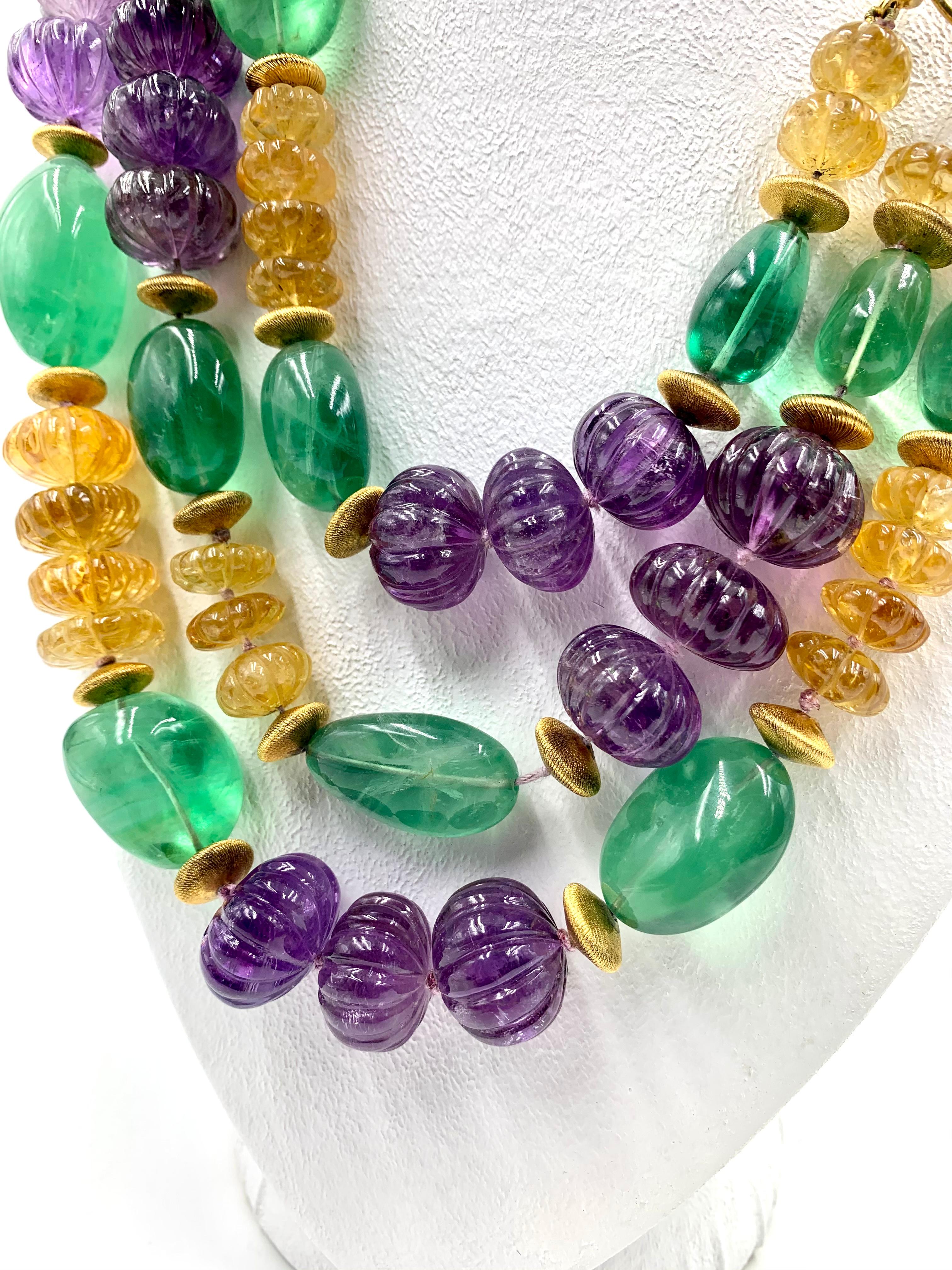 Oval Cut Vintage Iradj Moini Amethyst, Citrine, Fluorite and Gold-Plated Bead Necklace