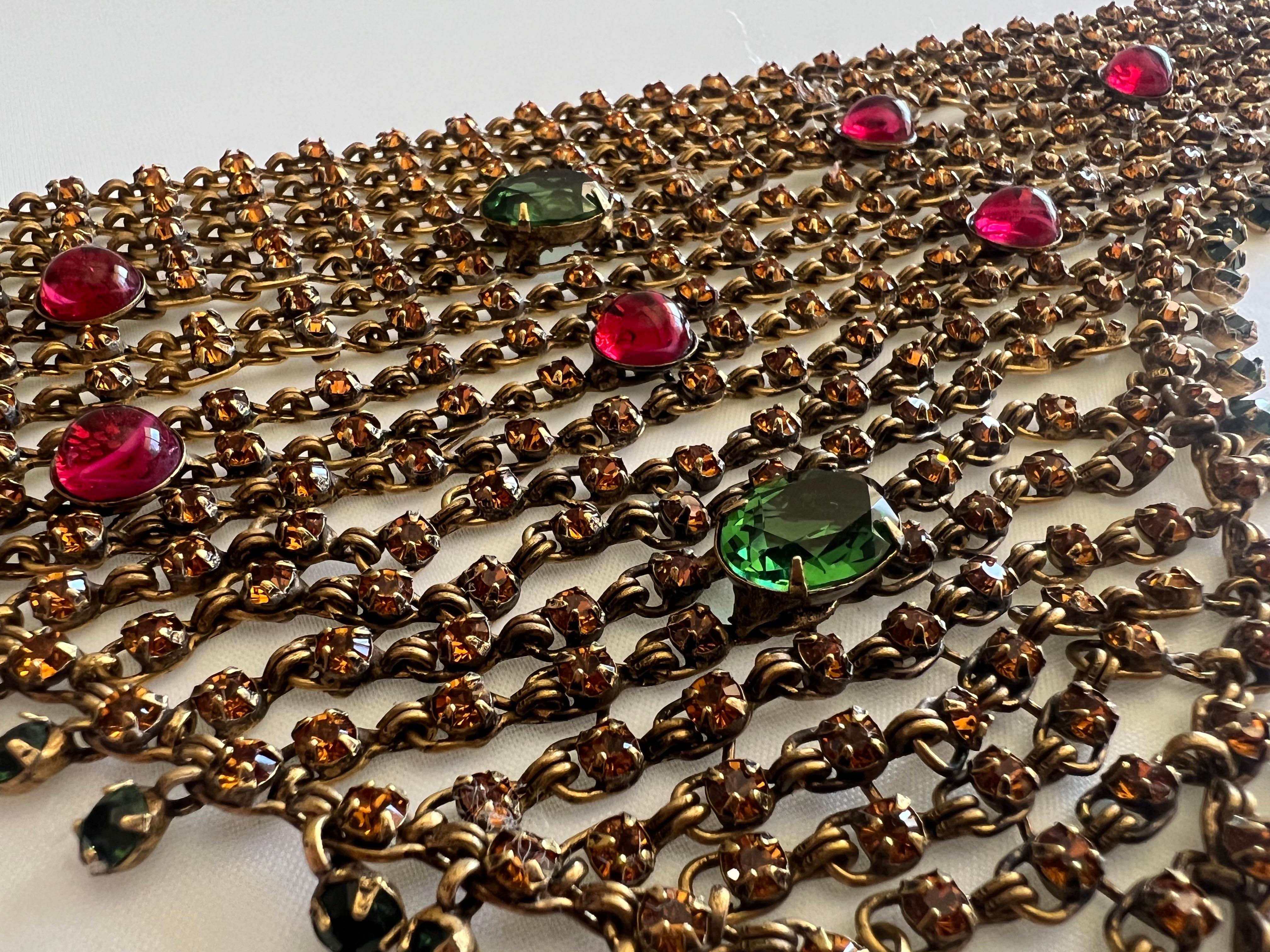 Scarce vintage gilt-metal Mughal style jeweled choker by Iradj Moini circa 1990 - adorned by peridots and faux rubies. 